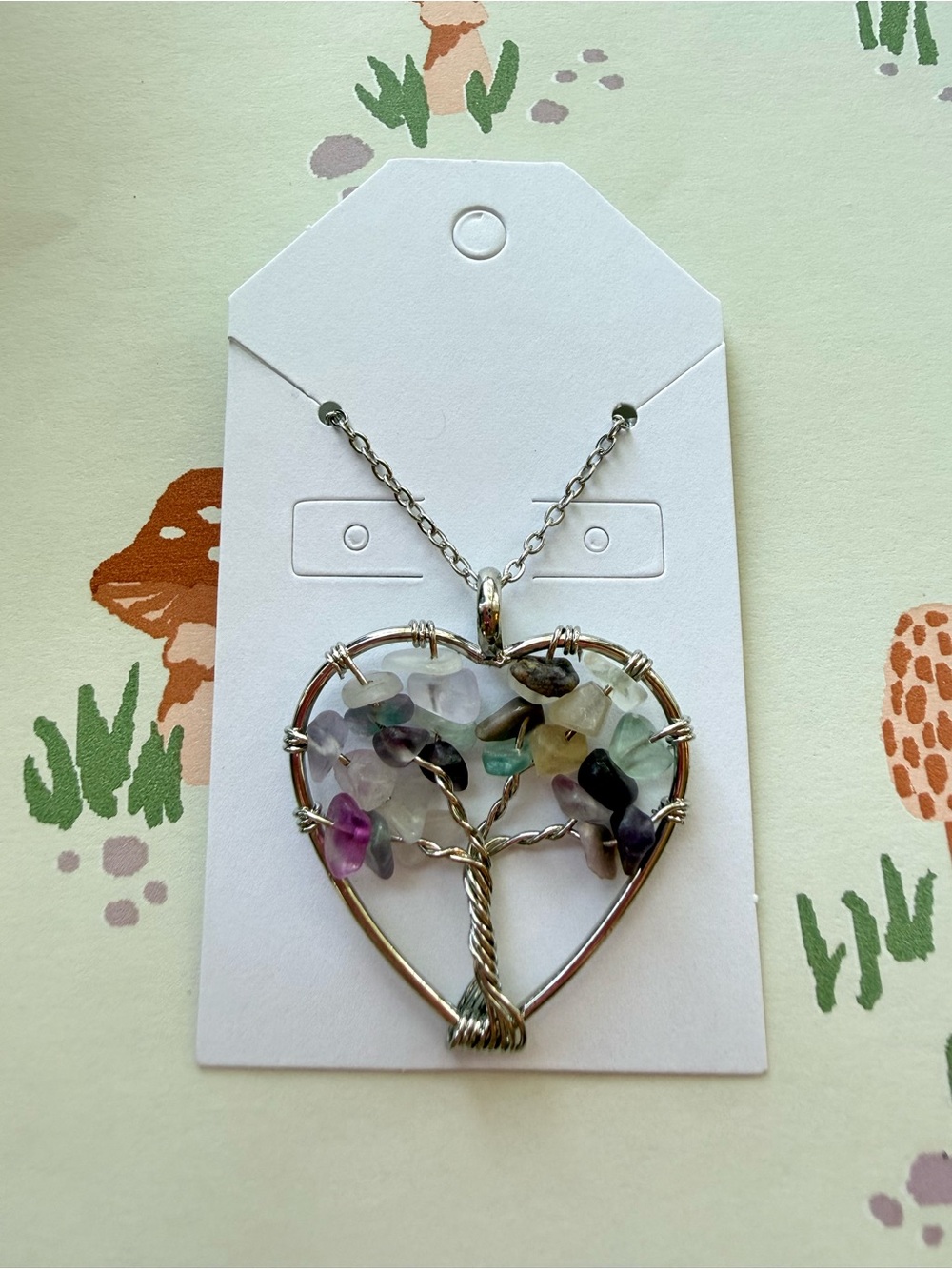 Handmade Silver Heart Tree of Life Necklace with Multicolor Gemstones
